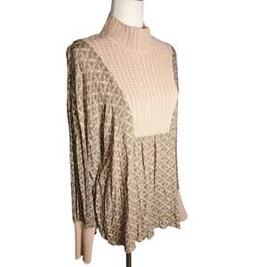 Gimmicks Mock Neck Vintage Inspired Sweater Blouse Tan and Peachy Cream Medium